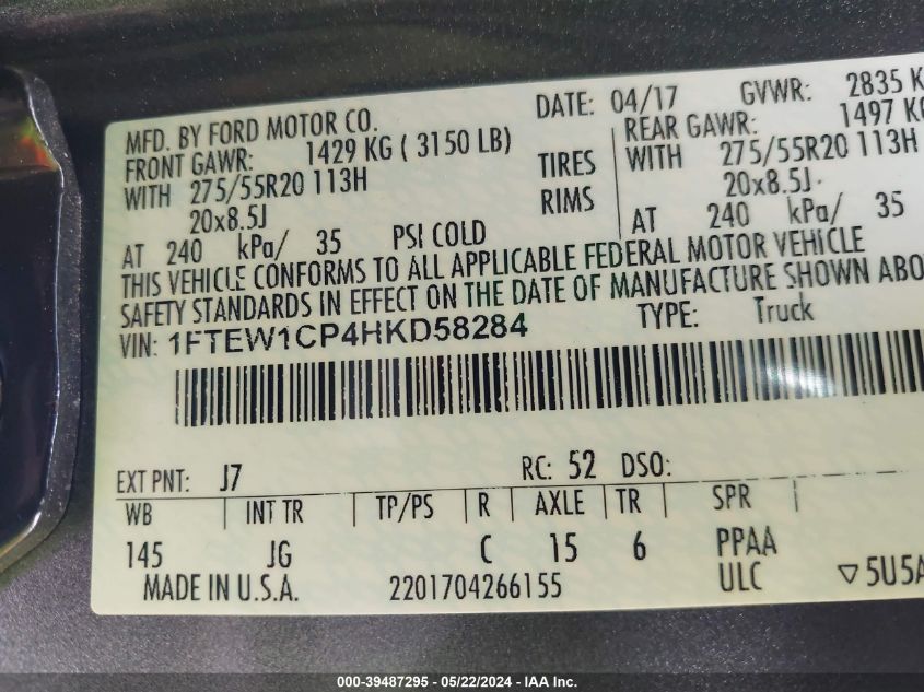 2017 Ford F-150 Xl VIN: 1FTEW1CP4HKD58284 Lot: 39487295