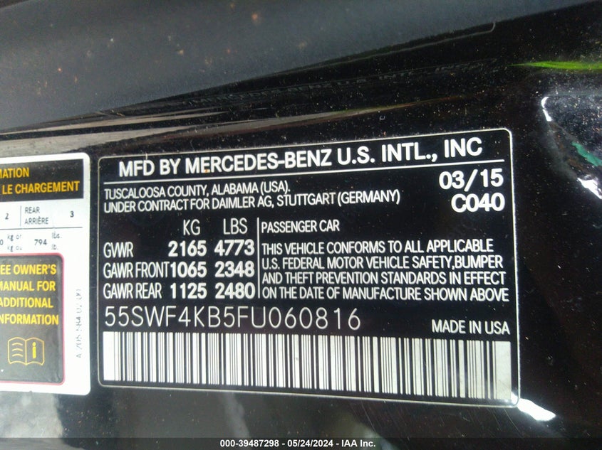 2015 Mercedes-Benz C 300 4Matic/Luxury 4Matic/Sport 4Matic VIN: 55SWF4KB5FU060816 Lot: 39487298
