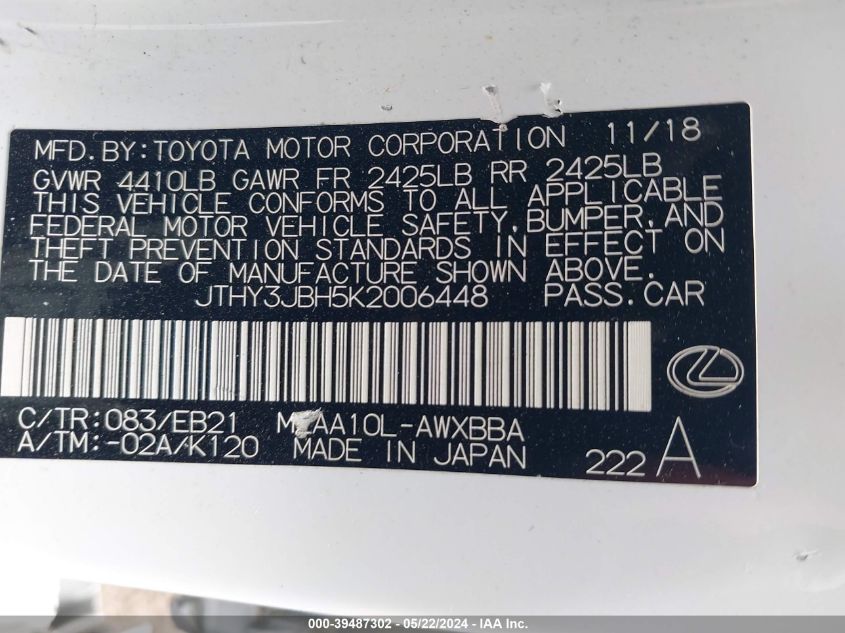 2019 Lexus Ux 200 F Sport VIN: JTHY3JBH5K2006448 Lot: 39487302