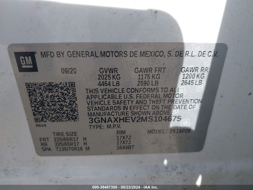 2021 Chevrolet Equinox Fwd Ls VIN: 3GNAXHEV2MS104675 Lot: 39487305