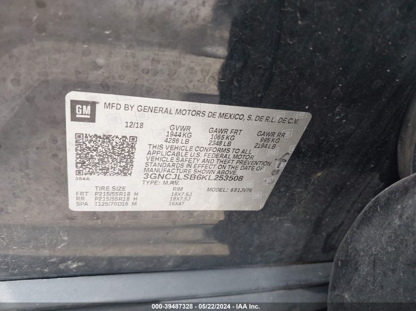 2019 Chevrolet Trax Lt VIN: 3GNCJLSB6KL253508 Lot: 39487328