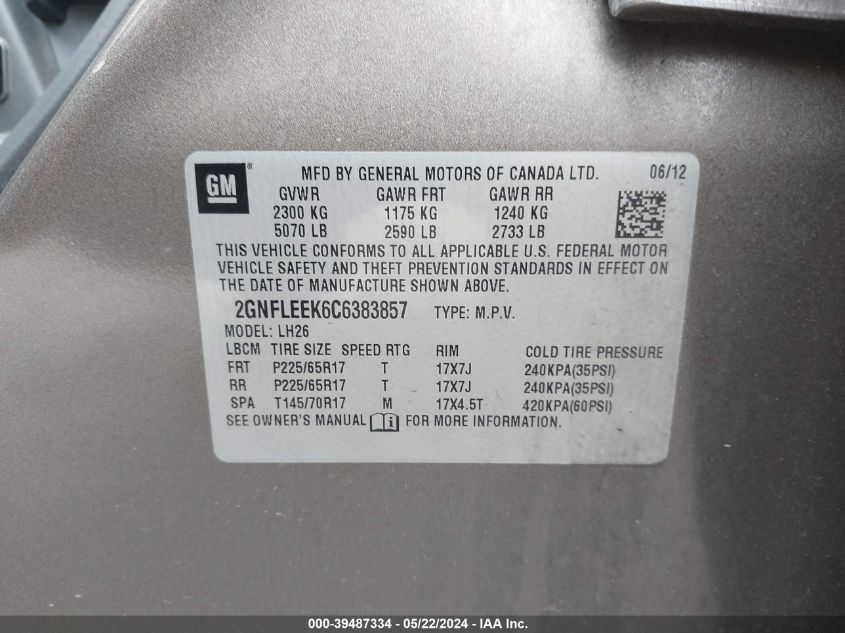 2012 Chevrolet Equinox 1Lt VIN: 2GNFLEEK6C6383857 Lot: 39487334