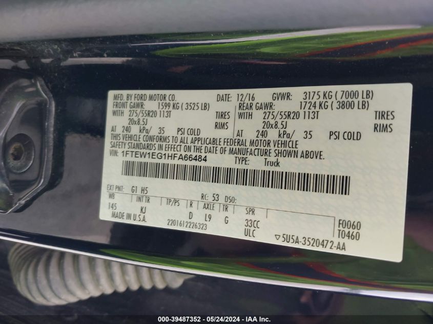 2017 Ford F-150 King Ranch VIN: 1FTEW1EG1HFA66484 Lot: 39487352