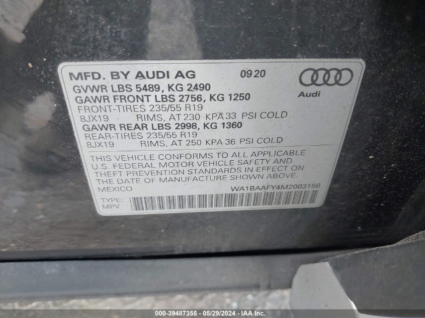 2021 Audi Q5 Premium Plus 45 Tfsi Quattro S Tronic VIN: WA1BAAFY4M2003156 Lot: 39487355