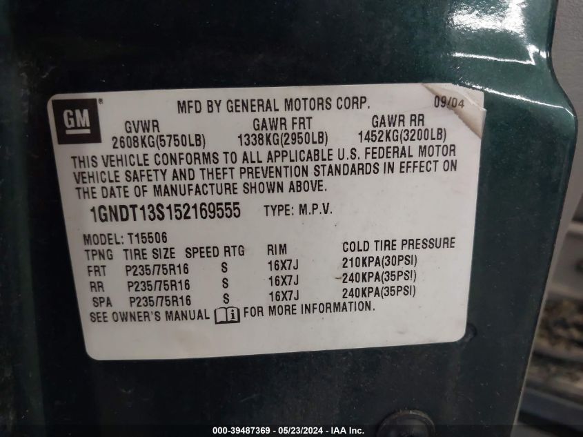 2005 Chevrolet Trailblazer Ls VIN: 1GNDT13S152169555 Lot: 39487369