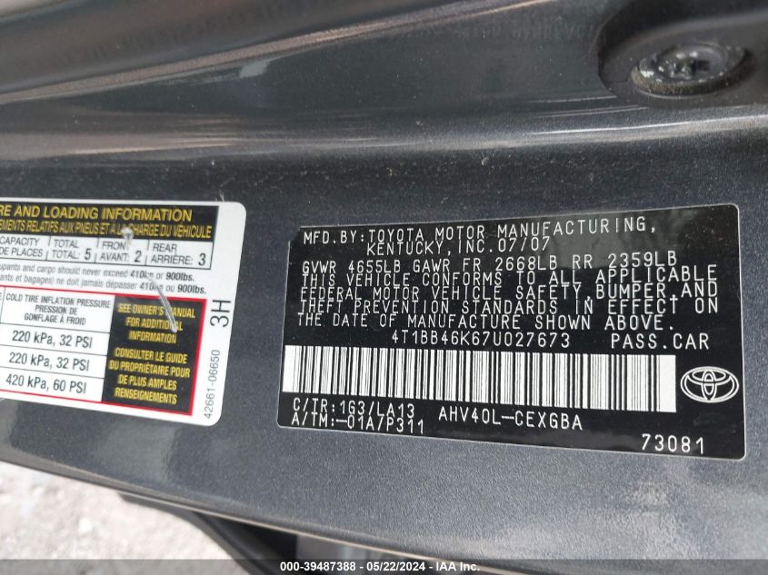 2007 Toyota Camry Hybrid VIN: 4T1BB46K67U027673 Lot: 39487388