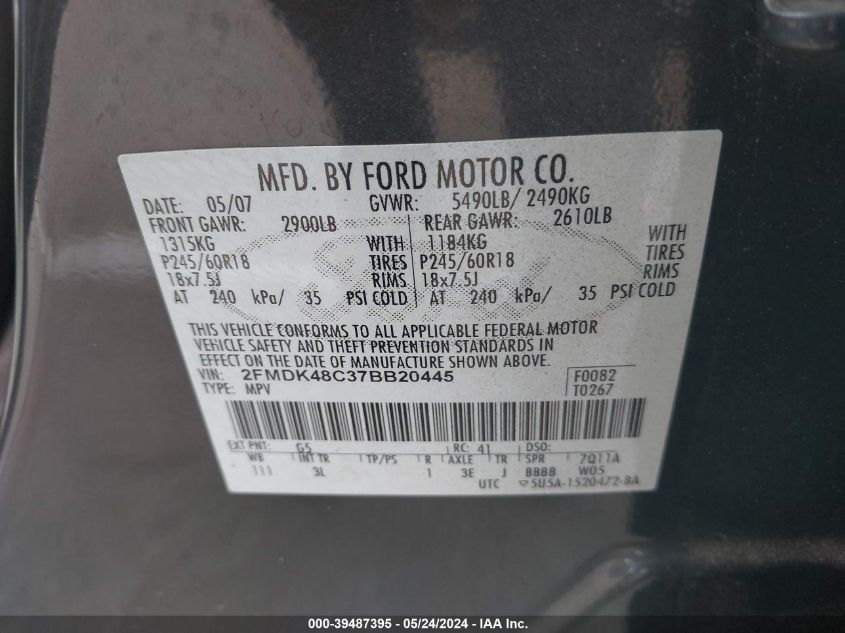 2007 Ford Edge Sel VIN: 2FMDK48C37BB20445 Lot: 39487395