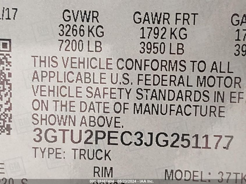 2018 GMC Sierra 1500 Denali VIN: 3GTU2PEC3JG251177 Lot: 39487404