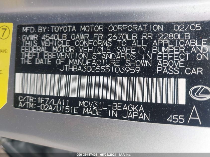 2005 Lexus Es 330 VIN: JTHBA30G555103959 Lot: 39487405