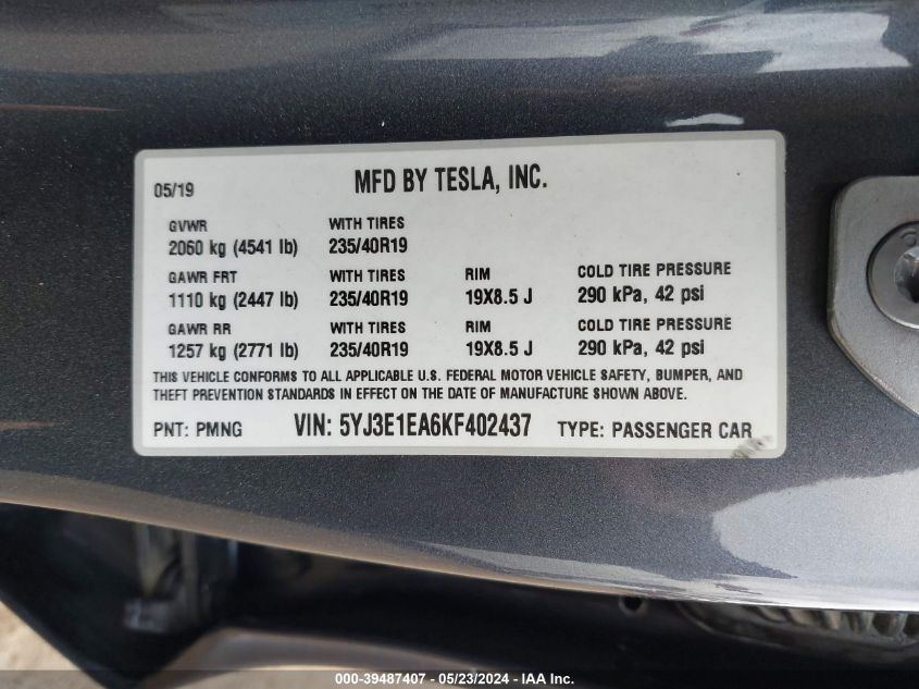 2019 Tesla Model 3 Long Range/Mid Range/Standard Range/Standard Range Plus VIN: 5YJ3E1EA6KF402437 Lot: 39487407