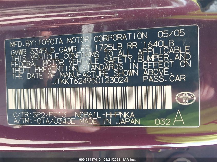 2005 Scion Xa VIN: JTKKT624950123024 Lot: 39487410