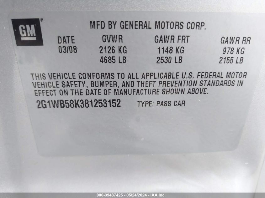 2008 Chevrolet Impala Ls VIN: 2G1WB58K381253152 Lot: 39487425