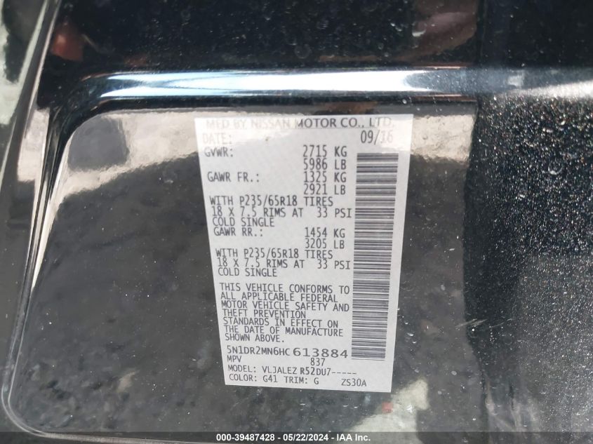 2017 Nissan Pathfinder Platinum/S/Sl/Sv VIN: 5N1DR2MN6HC613884 Lot: 39487428