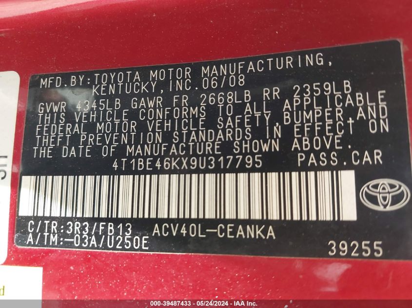 2009 Toyota Camry Le VIN: 4T1BE46KX9U317795 Lot: 39487433