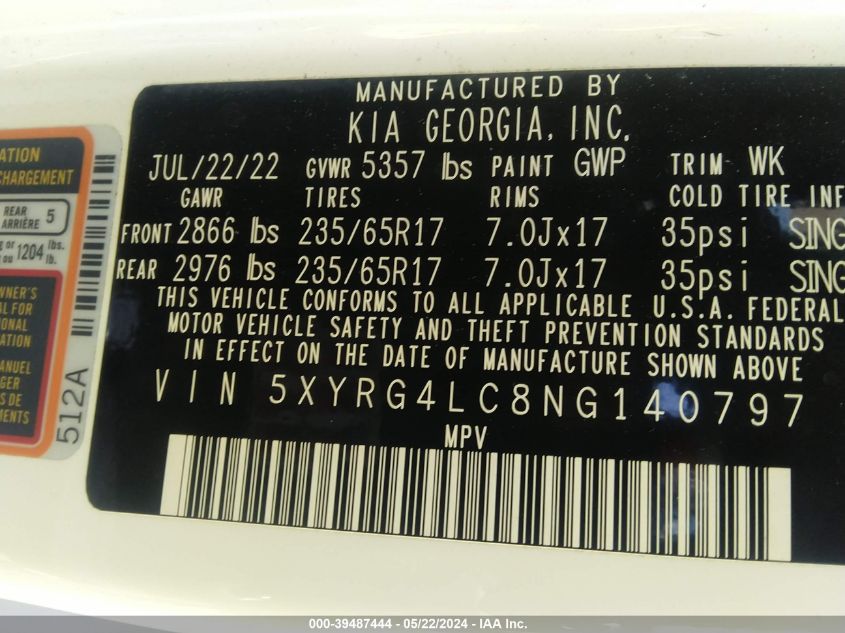 2022 Kia Sorento Lx VIN: 5XYRG4LC8NG140797 Lot: 39487444