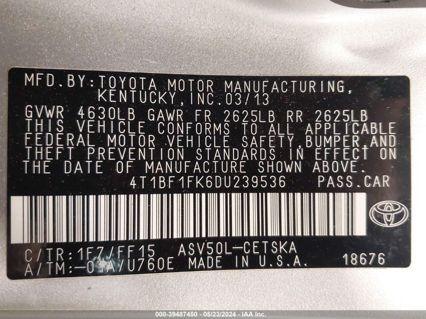 2013 Toyota Camry Se VIN: 4T1BF1FK6DU239536 Lot: 39487450