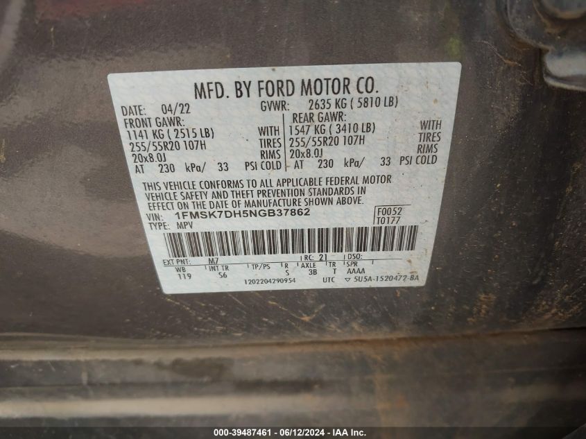 2022 Ford Explorer Xlt VIN: 1FMSK7DH5NGB37862 Lot: 39487461