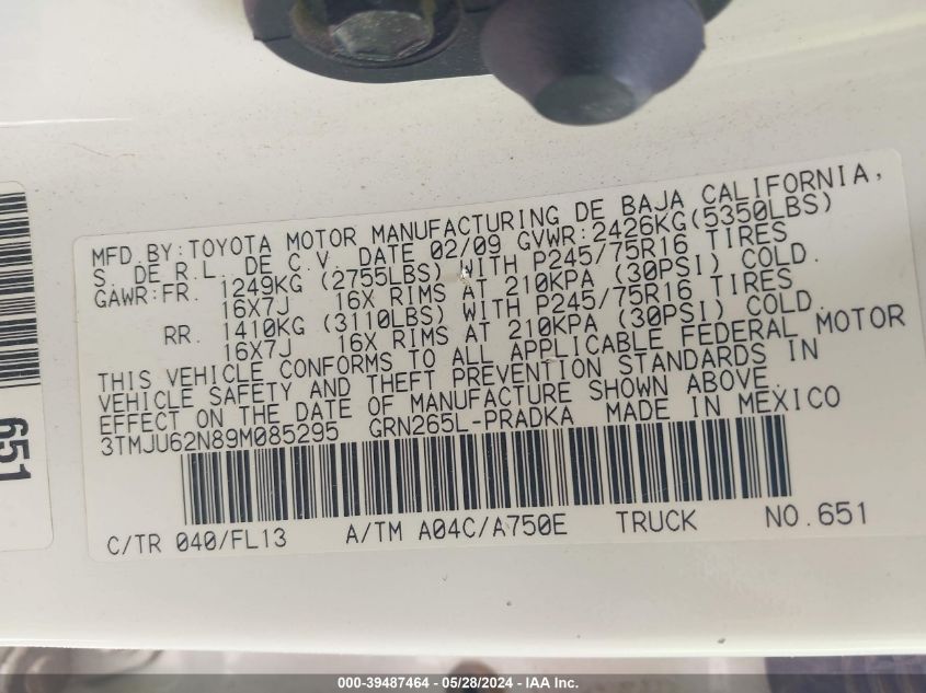 2009 Toyota Tacoma Prerunner V6 VIN: 3TMJU62N89M085295 Lot: 39487464