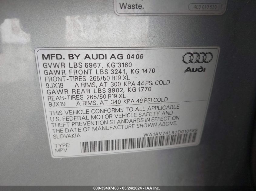 2007 Audi Q7 4.2 VIN: WA1AV74L97D010588 Lot: 39487468