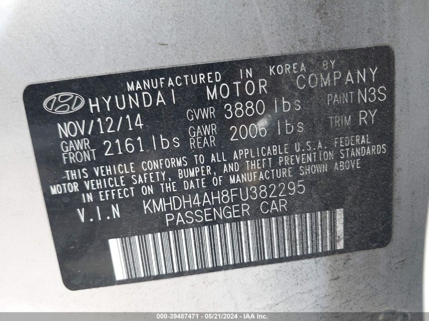 2015 Hyundai Elantra Sport VIN: KMHDH4AH8FU382295 Lot: 39487471