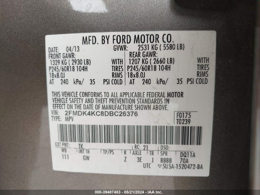 2013 Ford Edge Limited VIN: 2FMDK4KC8DBC26376 Lot: 39487483
