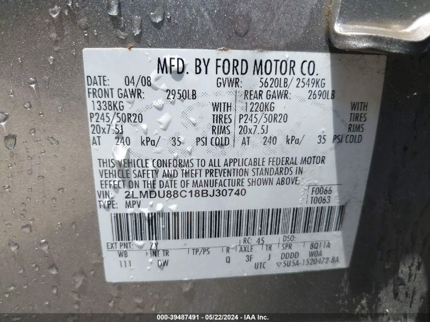 2008 Lincoln Mkx VIN: 2LMDU88C18BJ30740 Lot: 39487491