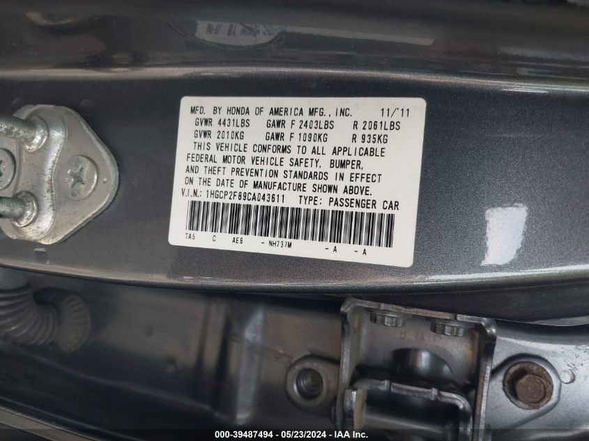 1HGCP2F89CA043611 2012 Honda Accord 2.4 Ex-L