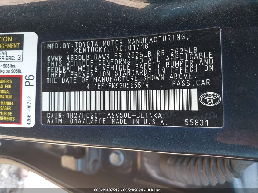 2016 Toyota Camry Le VIN: 4T1BF1FK9GU565514 Lot: 39487512