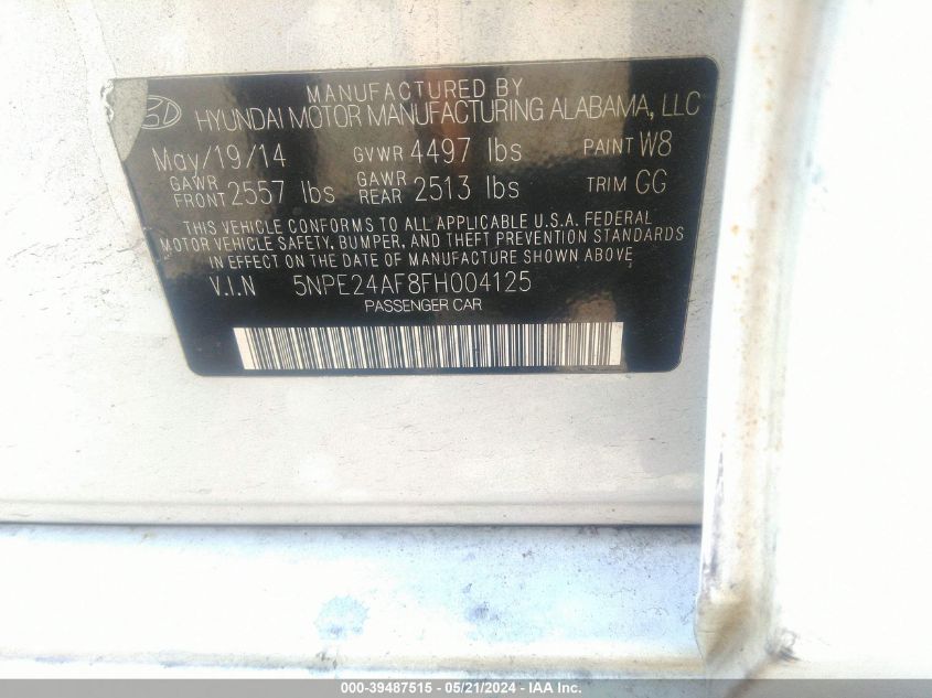 2015 Hyundai Sonata Se VIN: 5NPE24AF8FH004125 Lot: 39487515