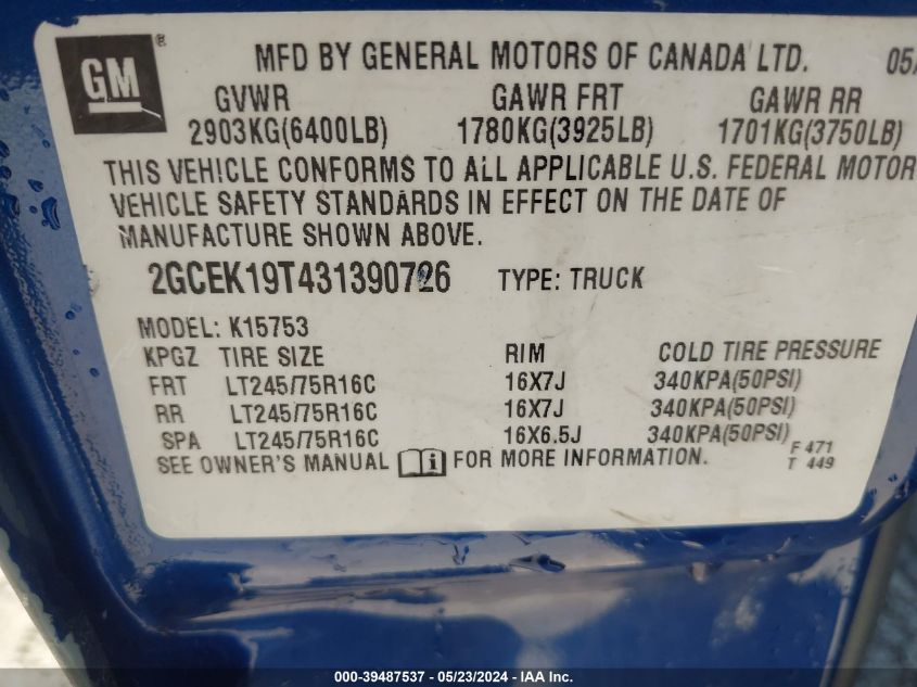 2003 Chevrolet Silverado 1500 Ls VIN: 2GCEK19T431390726 Lot: 39487537
