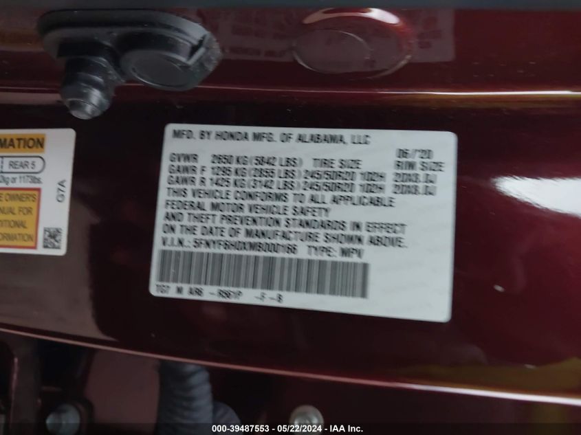 2021 Honda Pilot Awd Elite VIN: 5FNYF6H0XMB000166 Lot: 39487553