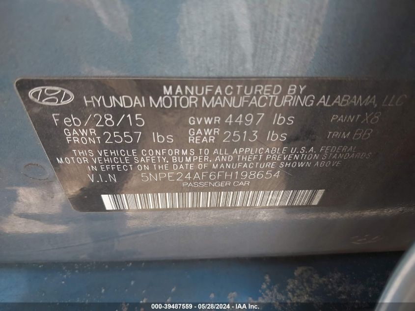 2015 Hyundai Sonata Se VIN: 5NPE24AF6FH198654 Lot: 39487559