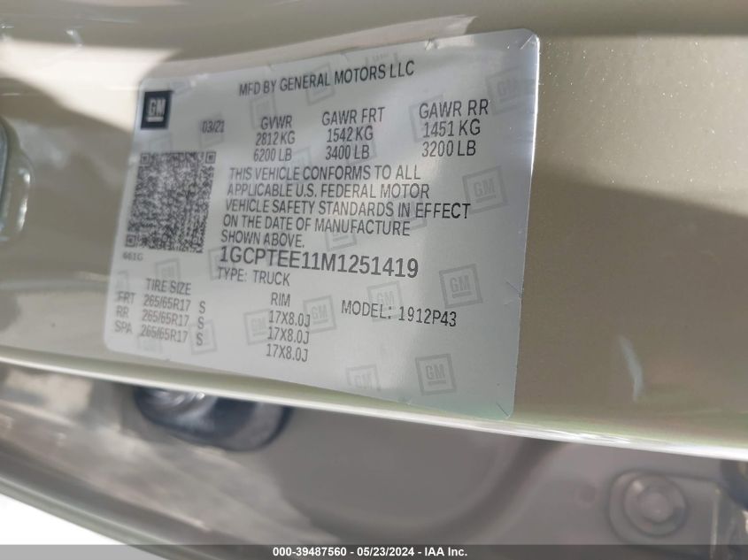 2021 Chevrolet Colorado 4Wd Short Box Zr2 VIN: 1GCPTEE11M1251419 Lot: 39487560