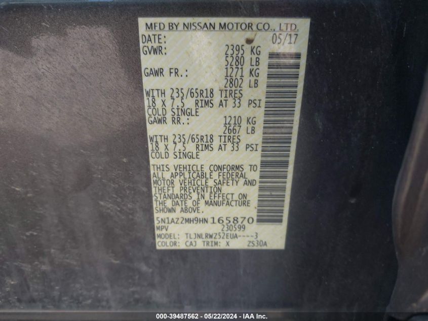 2017 Nissan Murano Sl VIN: 5N1AZ2MH9HN165870 Lot: 39487562