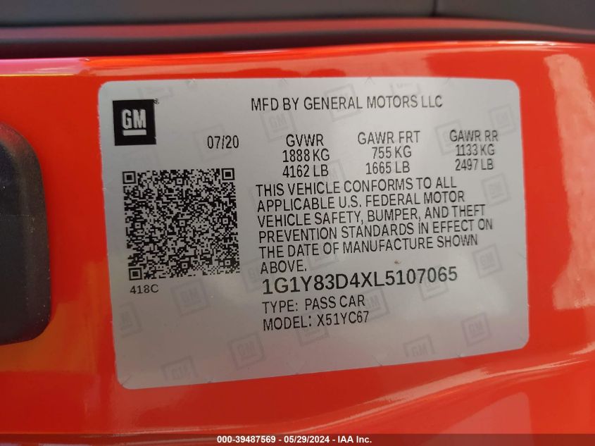 2020 Chevrolet Corvette Stingray Rwd 3Lt VIN: 1G1Y83D4XL5107065 Lot: 39487569