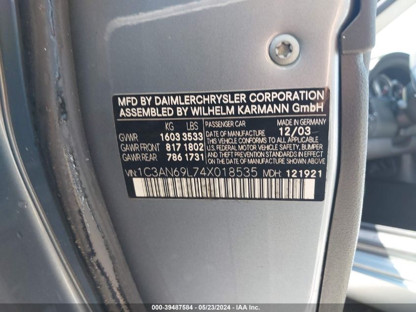 2004 Chrysler Crossfire VIN: 1C3AN69L74X018535 Lot: 39487584