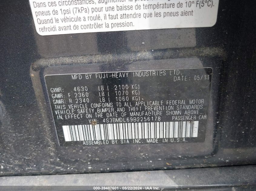 2011 Subaru Legacy 3.6R Limited VIN: 4S3BMDL69B2256178 Lot: 39487601