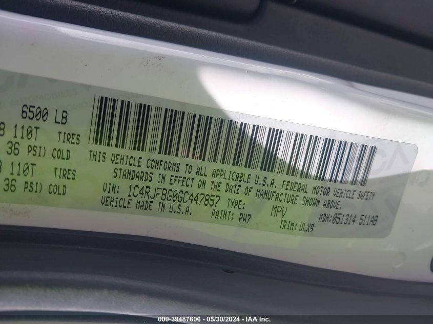 2016 Jeep Grand Cherokee Limited VIN: 1C4RJFBG0GC447857 Lot: 39487606