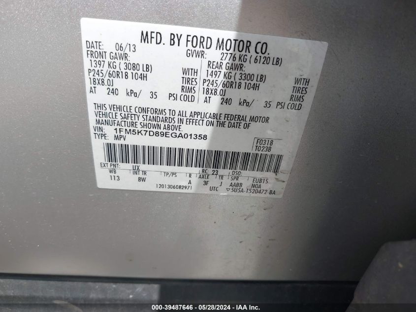 2014 Ford Explorer Xlt VIN: 1FM5K7D89EGA01358 Lot: 39487646