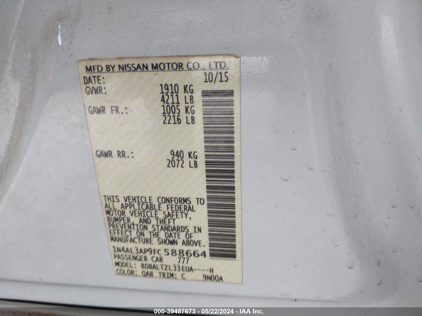 2015 Nissan Altima 2.5 Sl VIN: 1N4AL3AP9FC588664 Lot: 39487673