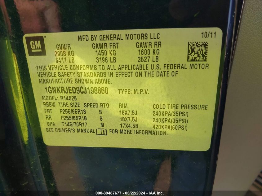 2012 Chevrolet Traverse 2Lt VIN: 1GNKRJED9CJ198860 Lot: 39487677