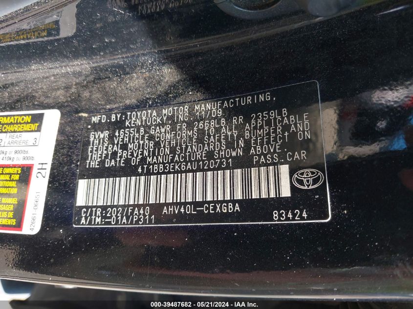 2010 Toyota Camry Hybrid VIN: 4T1BB3EK6AU120731 Lot: 39487682