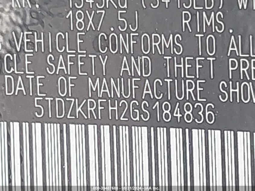 2016 Toyota Highlander Le Plus V6 VIN: 5TDZKRFH2GS184836 Lot: 39487688