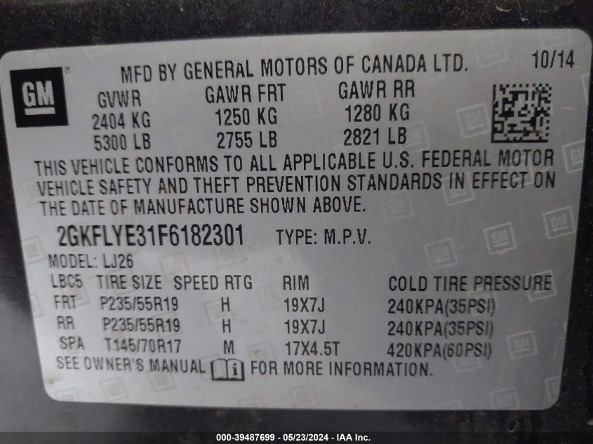 2015 GMC Terrain Slt-2 VIN: 2GKFLYE31F6182301 Lot: 39487699