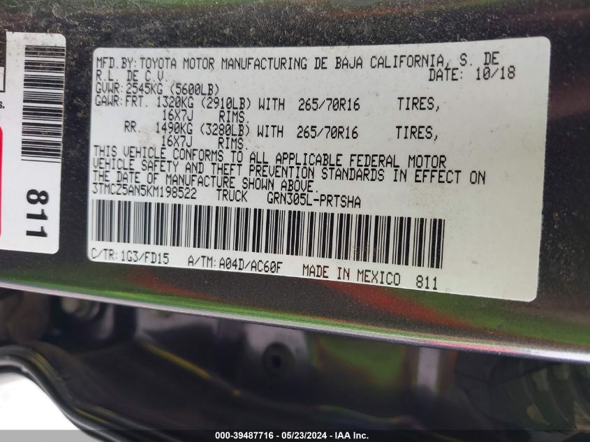 2019 Toyota Tacoma Trd Off Road VIN: 3TMCZ5AN5KM198522 Lot: 39487716