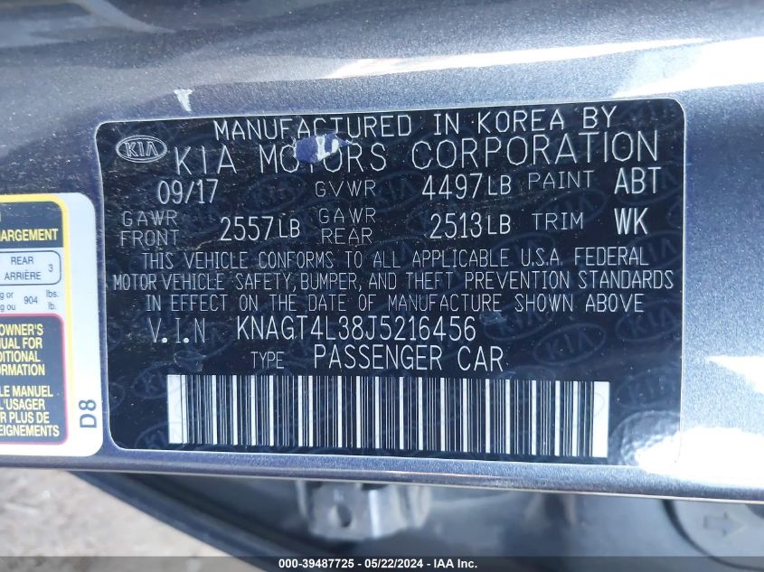 2018 Kia Optima Lx VIN: KNAGT4L38J5216456 Lot: 39487725