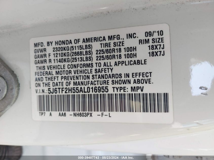 2010 Honda Accord Crosstour Ex-L VIN: 5J6TF2H55AL016955 Lot: 39487743