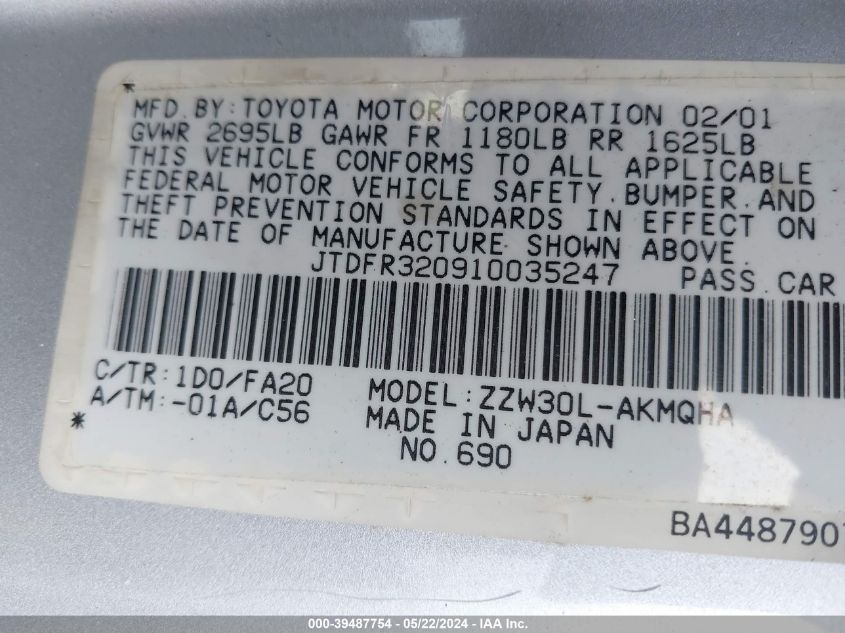 2001 Toyota Mr2 Spyder VIN: JTDFR320910035247 Lot: 39487754