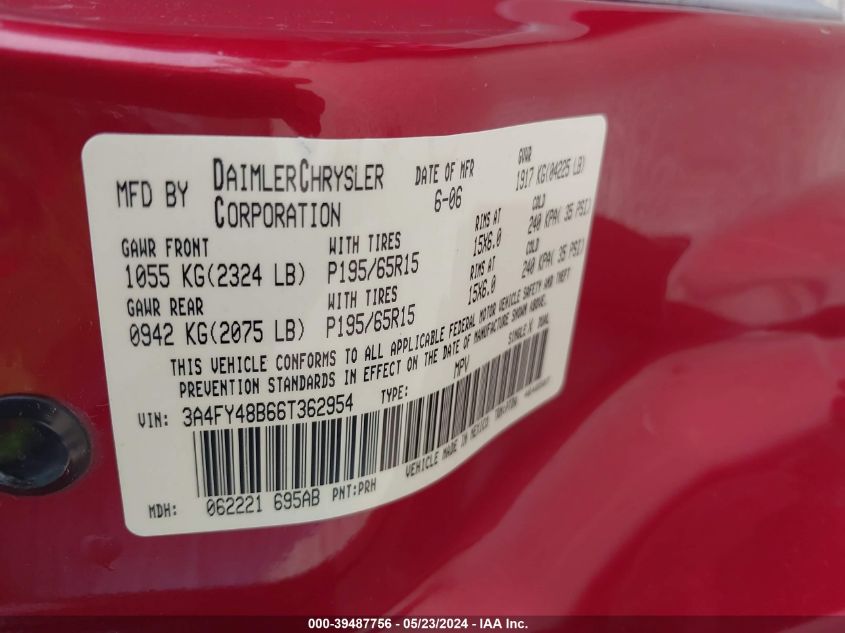 2006 Chrysler Pt Cruiser VIN: 3A4FY48B66T362954 Lot: 39487756