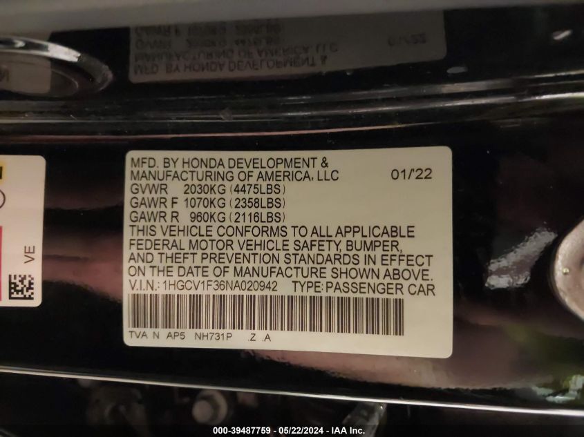 2022 Honda Accord Sport VIN: 1HGCV1F36NA020942 Lot: 39487759